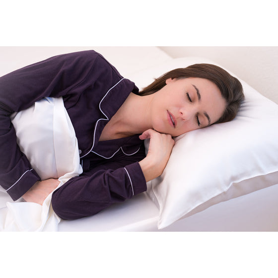 100% silk pillowcase for hair / 25 mom mulberry silk charmeuse / gift wrapped king size case in natural undyed white / product shot Danielle Walker