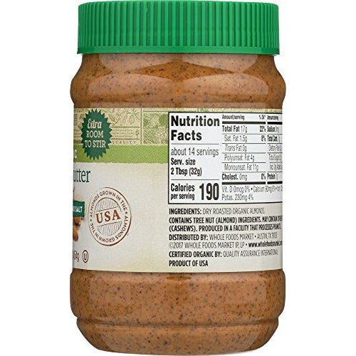 365 everyday value 16 oz. unsweetened, no salt organic creamy almond butter jar side Danielle Walker