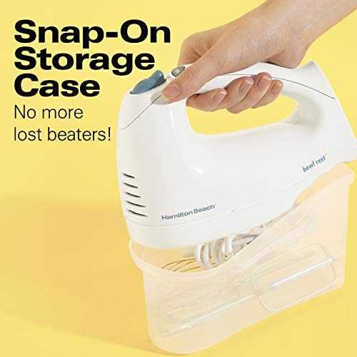 Hamilton Beach 6-Speed Electric Hand Mixer with Snap-On Storage Case, Wire Beaters, Whisk and Bowl Rest, 250W, White (62682RZ)