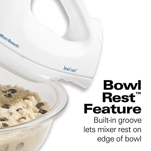 Hamilton Beach 6-Speed Electric Hand Mixer with Snap-On Storage Case, Wire Beaters, Whisk and Bowl Rest, 250W, White (62682RZ)