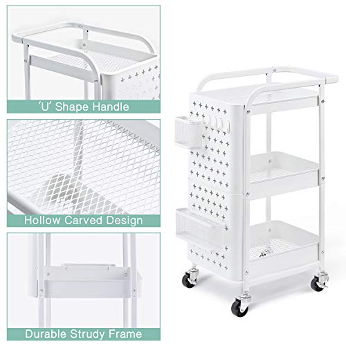 KINGRACK 3-Tier Storage Rolling Cart, Metal Utility Cart with Removable Pegboard, Trolley Organizer with Utility Handle and Extra Baskets Hooks for Kitchen Office Home, White