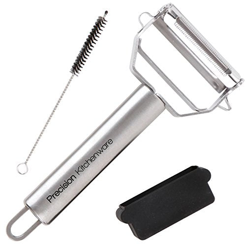 Precision Kitchenware - Ultra Sharp Stainless Steel Dual Julienne & Vegetable Peeler with Cleaning Brush & Blade Guard
