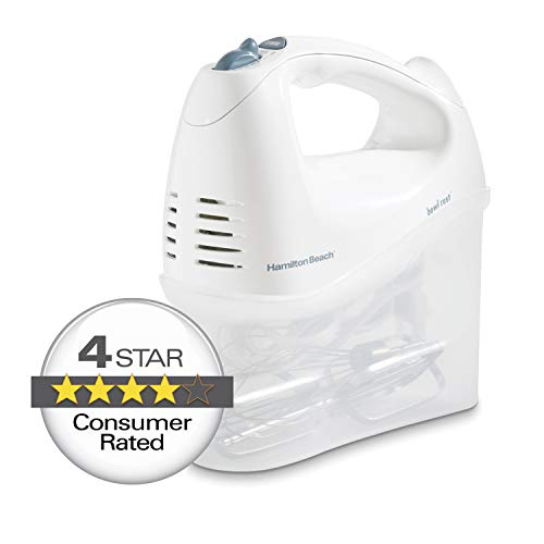 Hamilton Beach 6-Speed Electric Hand Mixer with Snap-On Storage Case, Wire Beaters, Whisk and Bowl Rest, 250W, White (62682RZ)