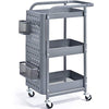 KINGRACK 3-Tier Storage Rolling Cart, Metal Push Cart with DIY Pegboard, Trolley Organizer with Utility Handle and Extra Baskets Hooks for Kitchen, Office, Home, Grey