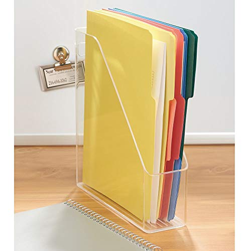 mDesign Plastic File Folder Bin Storage Organizer - Vertical with Handle - Holds Notebooks, Binders, Envelopes, Magazines - Container for Home Office and Work Desktops - Clear