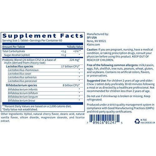 Klaire Labs Ther-Biotic Children's Chewable Probiotic - 25 Billion High CFU, 8 Strains - Probiotics for Kids - Supports Digestive Health and Immune Support - Hypoallergenic and Dairy-Free (60 Tablets)