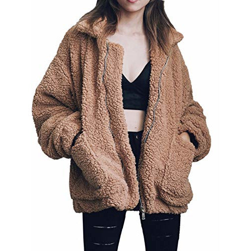 Gzbinz Women's Casual Warm Faux Shearling Coat Jacket Autumn Winter Long Sleeve Lapel Fluffy Fur Outwear Camel M