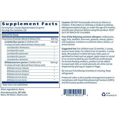 Klaire Labs Ther-Biotic For Infants Probiotic Powder - 5 Billion CFU, Hypoallergenic for Baby & Mixes Well with Formula, Breast Milk & Food for Safe GI & Immune Support (120 Servings, 60 Grams)