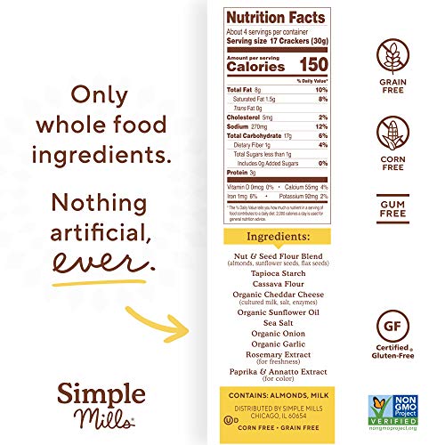 Simple Mills Almond Flour Crackers, Farmhouse Cheddar, Gluten Free, Flax Seed, Sunflower Seeds, Corn Free, Good for Snacks, Made with whole foods, 3 Count (Packaging May Vary)