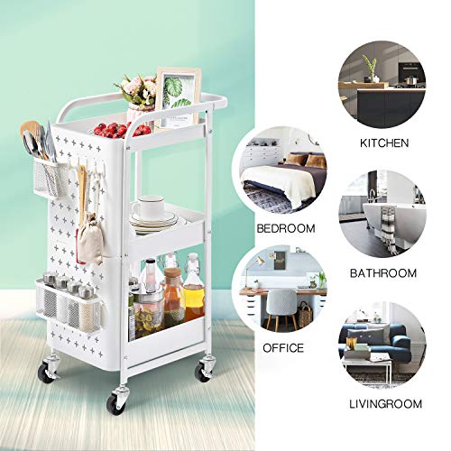 KINGRACK 3-Tier Storage Rolling Cart, Metal Utility Cart with Removable Pegboard, Trolley Organizer with Utility Handle and Extra Baskets Hooks for Kitchen Office Home, White