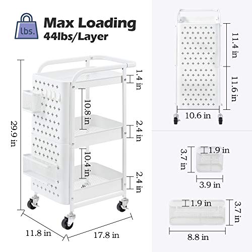 KINGRACK 3-Tier Storage Rolling Cart, Metal Utility Cart with Removable Pegboard, Trolley Organizer with Utility Handle and Extra Baskets Hooks for Kitchen Office Home, White