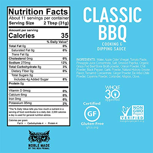 Noble Made by The New Primal Classic BBQ Cooking & Dipping Sauce, Bone Broth Infused, Whole30 Approved, Paleo, Certified Gluten Free, Dairy and Soy Free, 12 Oz Glass Bottle (1 Count)