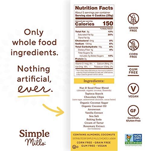 Simple Mills Almond Flour Chocolate Chip Cookies, Gluten Free and Delicious Crunchy Cookies, Organic Coconut Oil, Good for Snacks, Made with whole foods, 3 Count (Packaging May Vary)