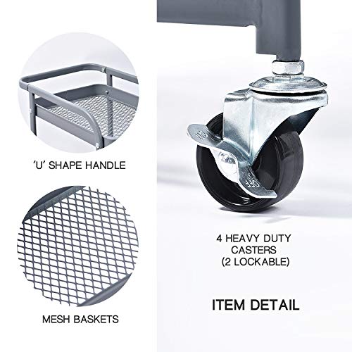 KINGRACK 3-Tier Storage Rolling Cart, Metal Push Cart with DIY Pegboard, Trolley Organizer with Utility Handle and Extra Baskets Hooks for Kitchen, Office, Home, Grey