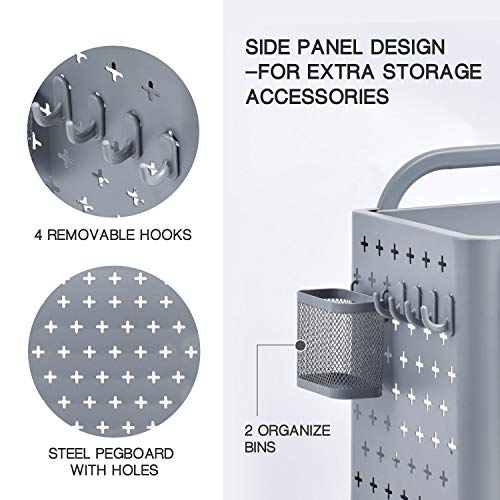 KINGRACK 3-Tier Storage Rolling Cart, Metal Push Cart with DIY Pegboard, Trolley Organizer with Utility Handle and Extra Baskets Hooks for Kitchen, Office, Home, Grey