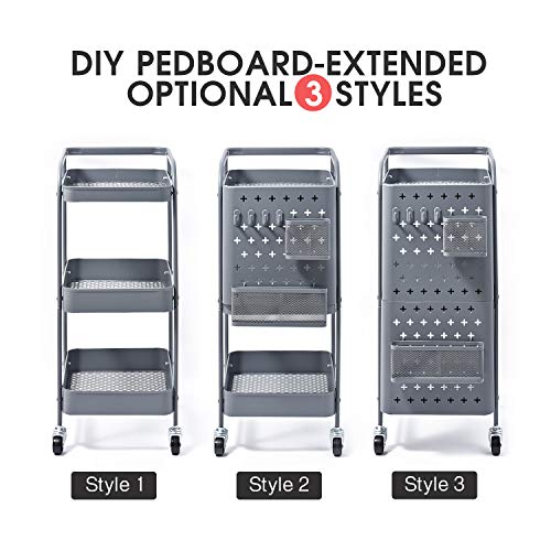 KINGRACK 3-Tier Storage Rolling Cart, Metal Push Cart with DIY Pegboard, Trolley Organizer with Utility Handle and Extra Baskets Hooks for Kitchen, Office, Home, Grey