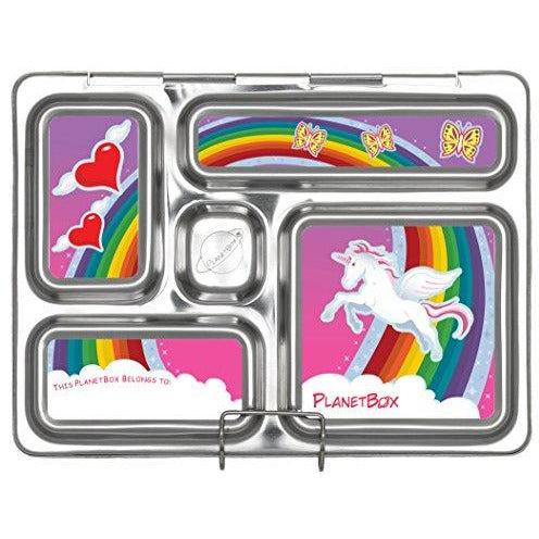 PlanetBox ROVER Eco-Friendly Stainless Steel Bento Lunch Box with 5 Compartments for Adults and Kids - Rainbow Carry Bag with Rainbow Magnets