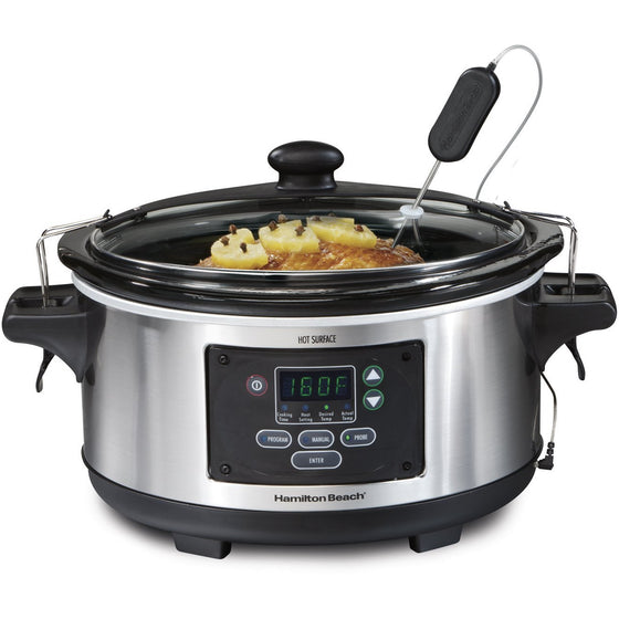 Hamilton Beach Portable 6-Quart Set & Forget Digital Programmable Slow Cooker With Temperature Probe, Lid Lock, Stainless Steel (33969A)