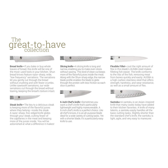 Shun Cutlery Classic 7-Piece Essential Block Set; 11-Slot Bamboo Block, 3.5-inch Paring Knife, 6-inch Utility Knife, 8- inch Chef's Knife, 9-inch Bread Knife, Herb Shears