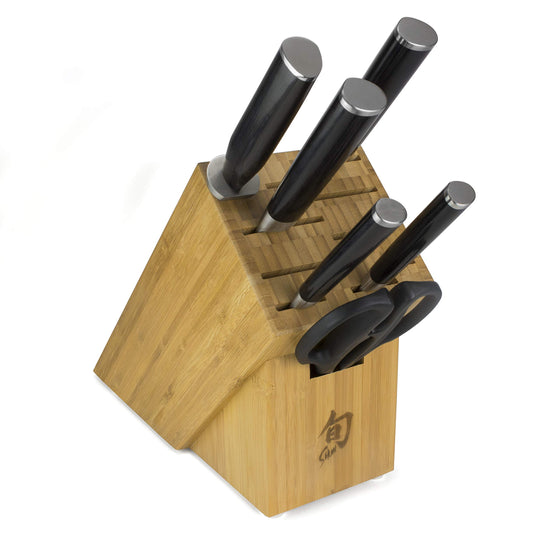 Shun Cutlery Classic 7-Piece Essential Block Set; 11-Slot Bamboo Block, 3.5-inch Paring Knife, 6-inch Utility Knife, 8- inch Chef's Knife, 9-inch Bread Knife, Herb Shears