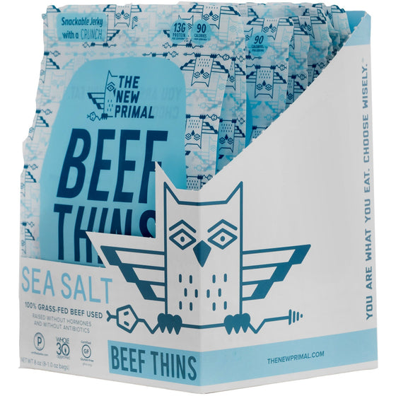 The New Primal Sea Salt Beef Thins - Whole30 Approved, Paleo, Gluten & Soy Free, Pack of 8