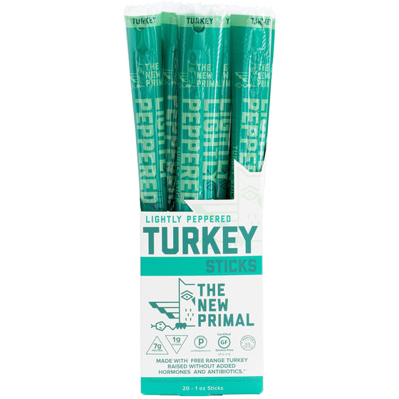 The New Primal 100% Free-Range Lightly Peppered Turkey Stick, Whole30 & Paleo Approved, Gluten, Dairy & Soy Free, 1 Oz (Pack of 20)