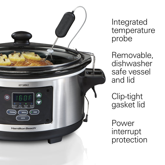Hamilton Beach Portable 6-Quart Set & Forget Digital Programmable Slow Cooker With Temperature Probe, Lid Lock, Stainless Steel (33969A)