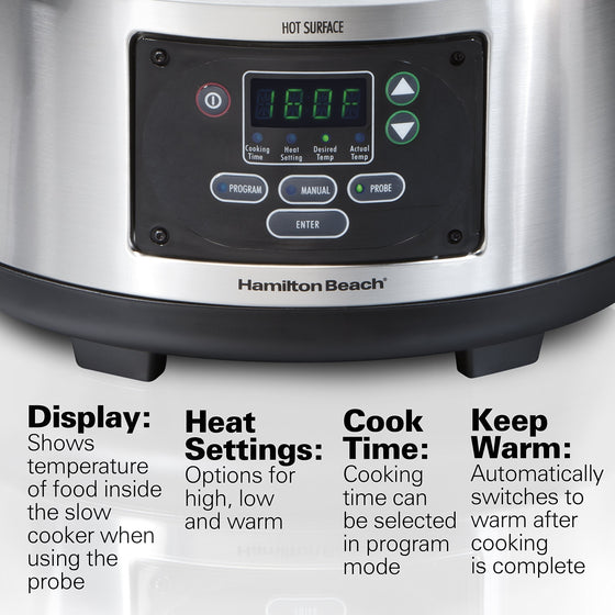Hamilton Beach Portable 6-Quart Set & Forget Digital Programmable Slow Cooker With Temperature Probe, Lid Lock, Stainless Steel (33969A)