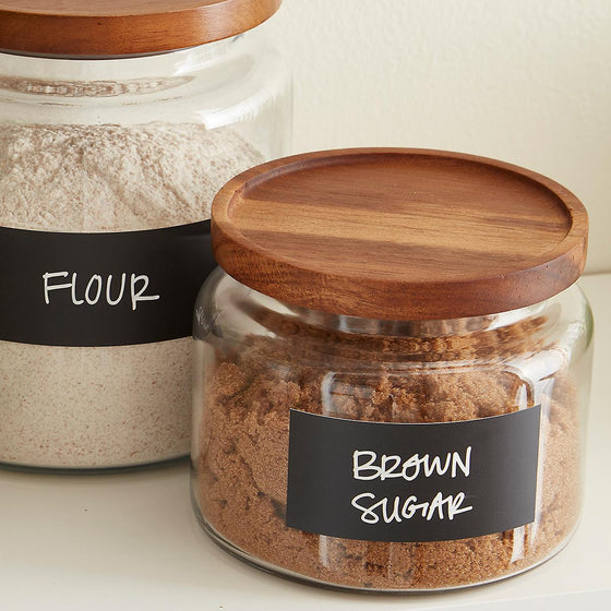 Ancho Hocking Montana glass canisters with acacia lids labeled Danielle Walker 