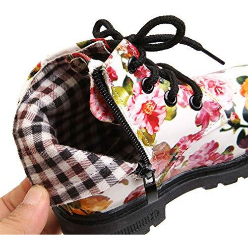Dadawen waterproof side zipper lace up ankle boots for toddlers, littles kids, and big kids in white with flowers US size 9.5 M toddler shoe inside lining Danielle Walker