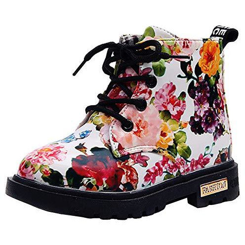 Dadawen waterproof side zipper lace up ankle boots for toddlers, littles kids, and big kids in white with flowers US size 9.5 M toddler shoe Danielle Walker